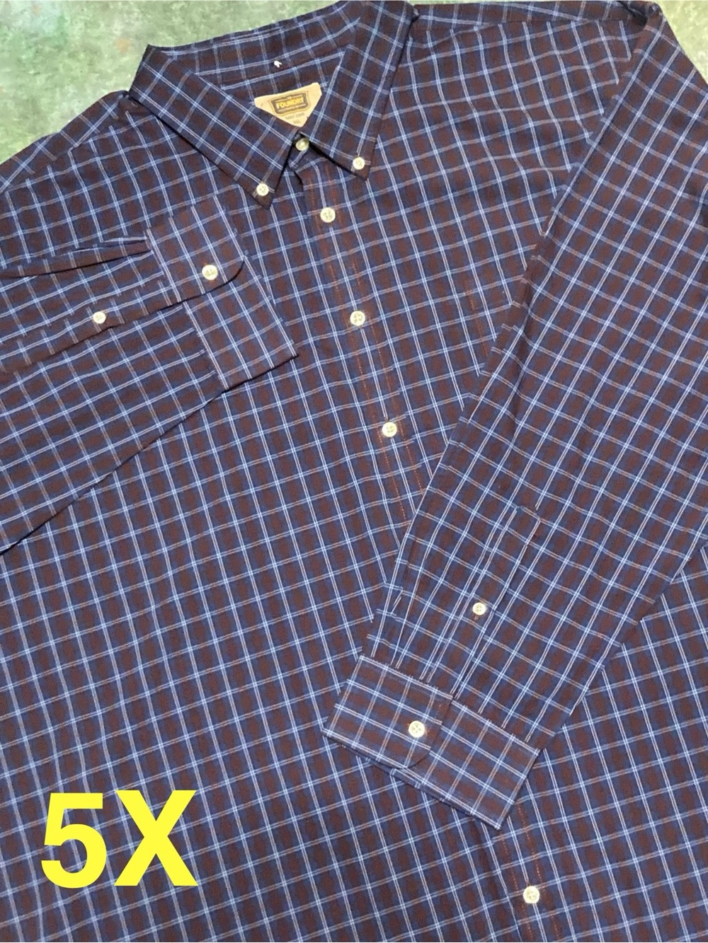 5XL Foundry Supply Co Long Sleeve Plaid Button Down Shirt, Cotton Blend Navy Red